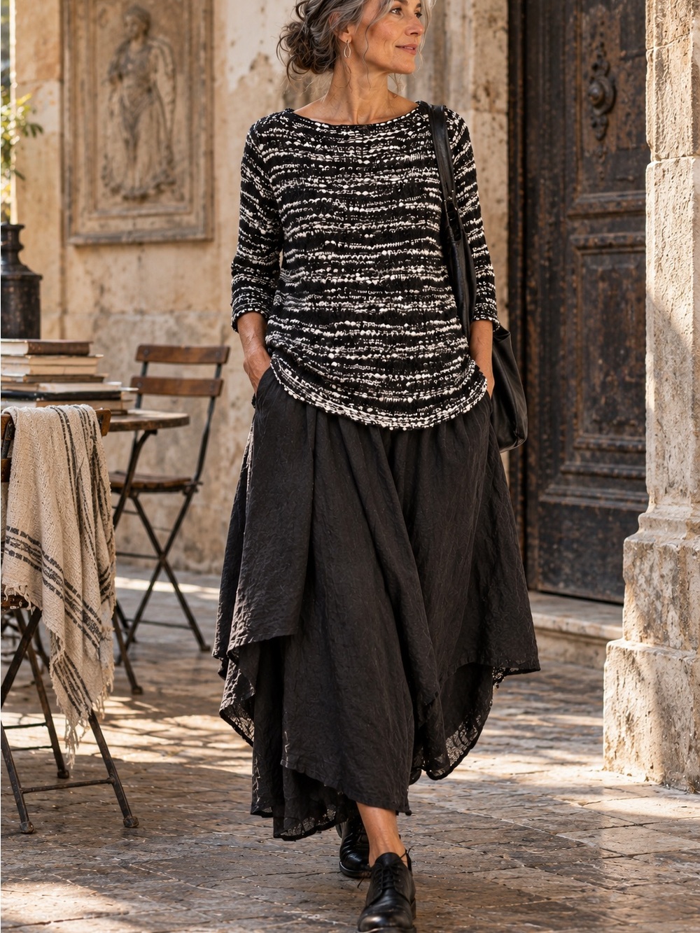 Eileen Fisher Black White Textured Knit Euro Lagenlook Boxy Cotton Top Small